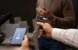people holding out phones and microphones to simulate digital pr