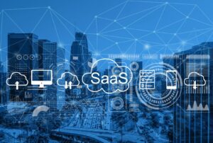 word saas on a cityscape background